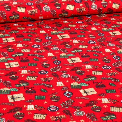 Tissu Coton imprimé Cadeaux de Noël dorés sur fond Rouge