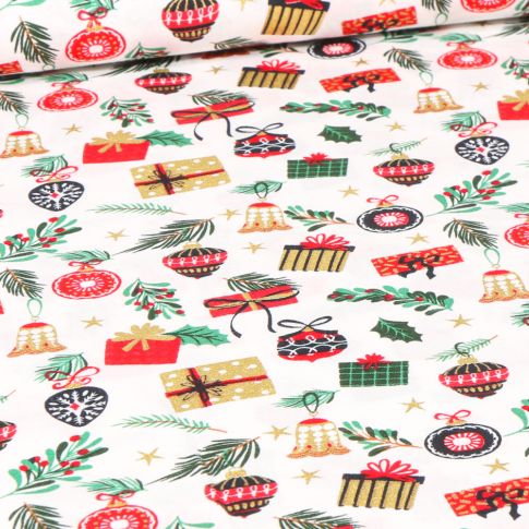 Tissu Coton imprimé Cadeaux de Noël sur fond Blanc