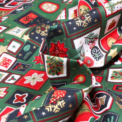 Tissu Coton imprimé Cadres de noël sur fond Vert épicéa