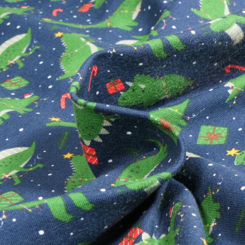 Tissu Jersey Coton Dino Christmas sur fond Bleu marine