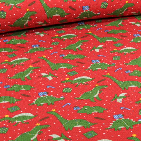 Tissu Jersey Coton Dino Christmas sur fond Rouge