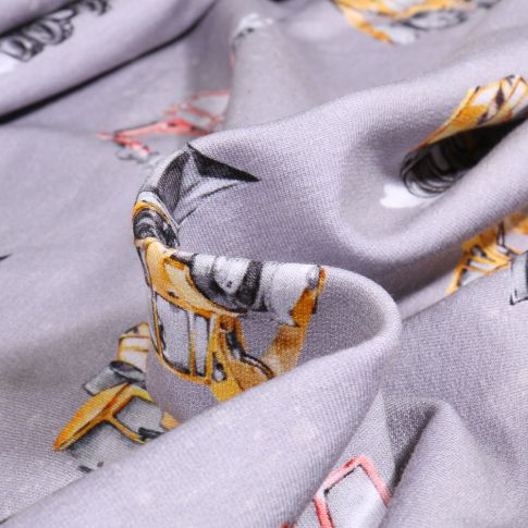 Tissu Sweat léger French Terry Engins de chantier sur fond Gris clair