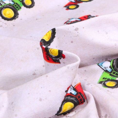 Tissu Sweat léger French Terry Tracteurs rouge et vert sur fond Gris clair