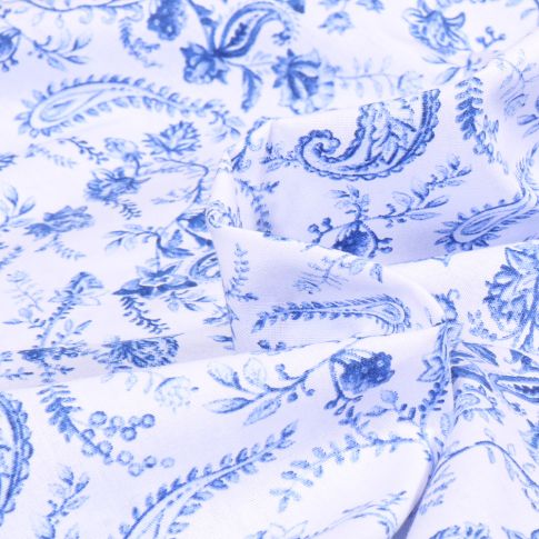 Tissu Coton imprimé Paisley blue sur fond Blanc