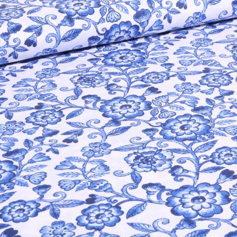 Tissu Coton imprimé Blue flowers sur fond Blanc