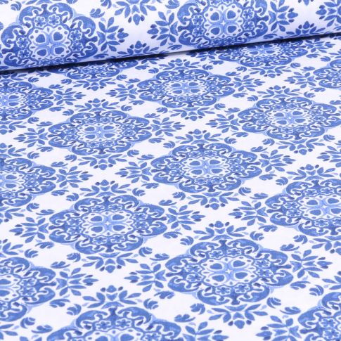 Tissu Coton imprimé Carrée rosace sur fond Blanc