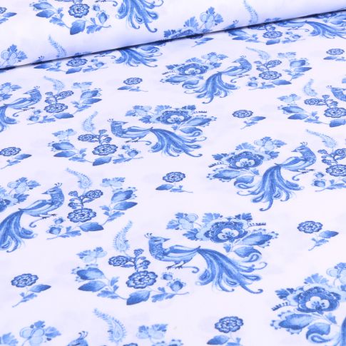 Tissu Coton imprimé Oiseaux élégants sur fond Blanc