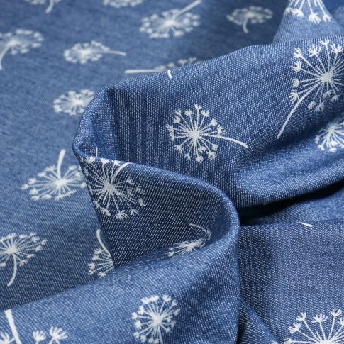 Tissu Chambray stretch Pissenlits sur fond Bleu