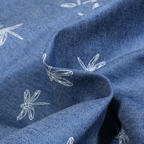Tissu Chambray stretch Libellules sur fond Bleu