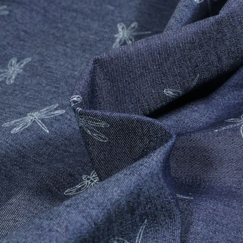 Tissu Chambray stretch Libellules sur fond Bleu foncé