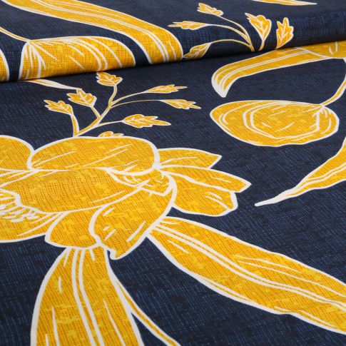 Tissu Viscose Hawa jaune sur fond Bleu marine