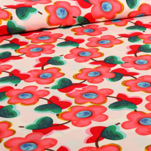 Tissu Viscose Marge rouge sur fond Beige