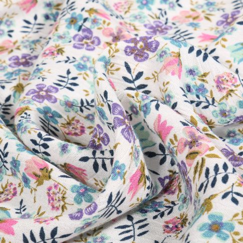 Tissu Crépon de viscose Sweet Flower Melinda rose lila sur fond Blanc