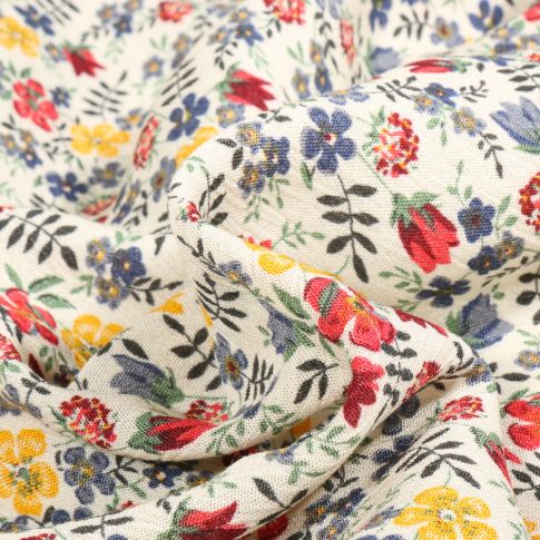 Tissu Crépon de viscose Sweet Flower Melinda rouge sur fond Ecru