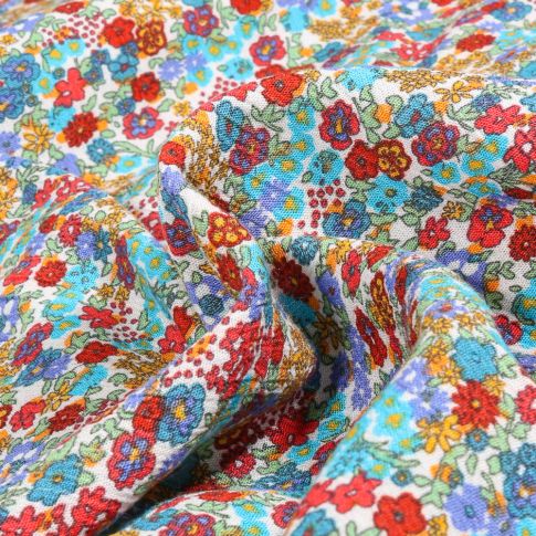 Tissu Crépon de viscose Sweet Flower Meyline bleu sur fond Blanc