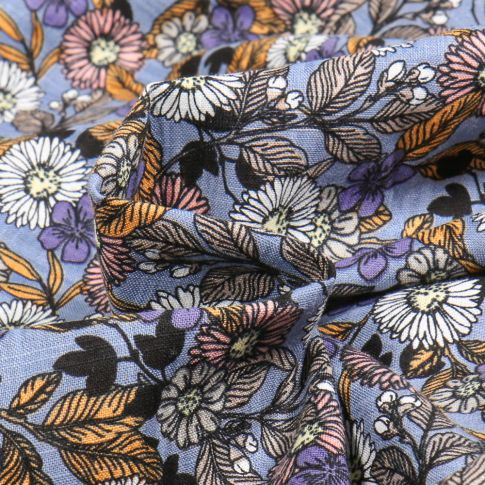 Tissu Coton Viscose Sweet Flower Anne sur fond Bleu denim