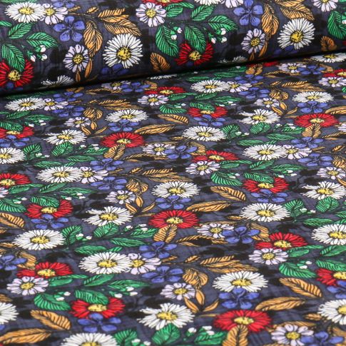 Tissu Coton Viscose Sweet Flower Anne sur fond Bleu marine