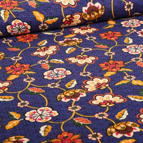 Tissu Coton Viscose Reki sur fond Bleu roi