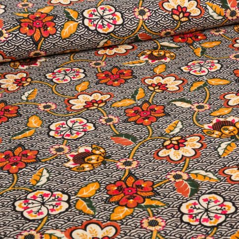Tissu Coton Viscose Reki sur fond Grège