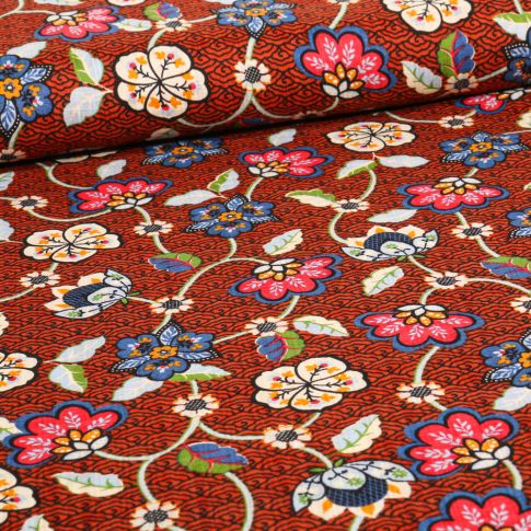 Tissu Coton Viscose Reki sur fond Rouille