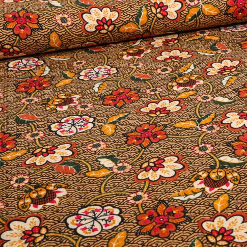 Tissu Coton Viscose Reki sur fond Ocre