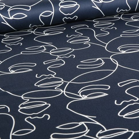 Tissu Coton Satiné extensible Visages sur fond Bleu marine