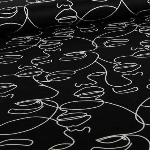 Tissu Coton Satiné extensible Visages sur fond Noir