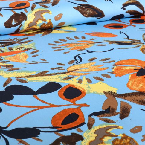 Tissu Coton Satiné extensible Aquarelle Suzy sur fond Bleu ciel