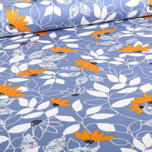 Tissu Coton Satiné extensible Soane sur fond Bleu