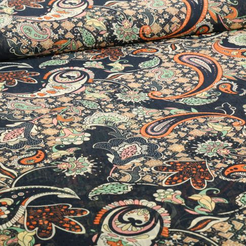 Tissu Mousseline Paisley sur fond Bleu marine
