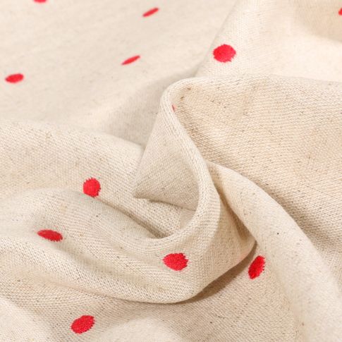 Tissu Lin Viscose Pois brodés rouge sur fond Naturel