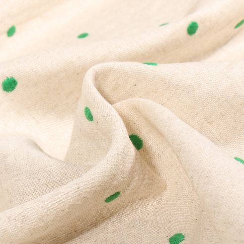 Tissu Lin Viscose Pois brodés vert sur fond Naturel