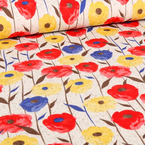 Tissu Jersey Viscose Lin Coquelicots rouges et jaunes sur fond Naturel