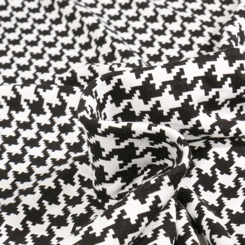 Tissu Jersey Viscose  Pied de poule sur fond Blanc