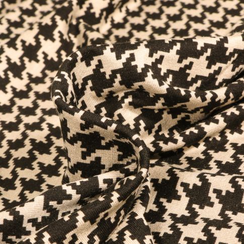 Tissu Jersey Viscose  Pied de poule sur fond Ecru