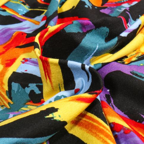 Tissu Jersey Viscose  Absrtait multico sur fond Noir
