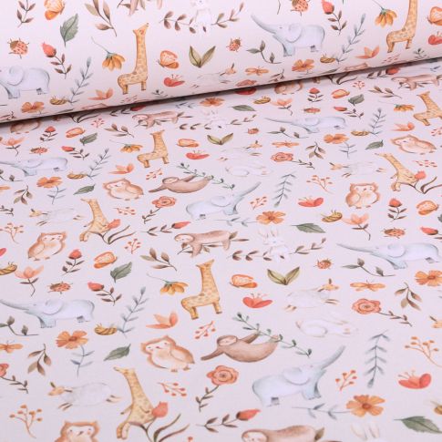 Tissu Softshell Animaux et fleurs sur fond Ecru