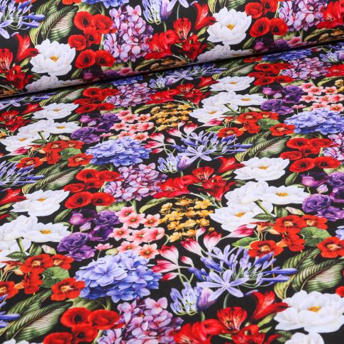 Tissu Softshell Digital Flowers sur fond Noir