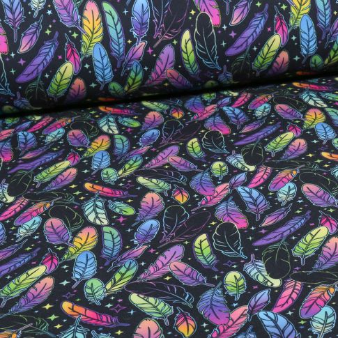Tissu Softshell Plumes multicolores sur fond Noir