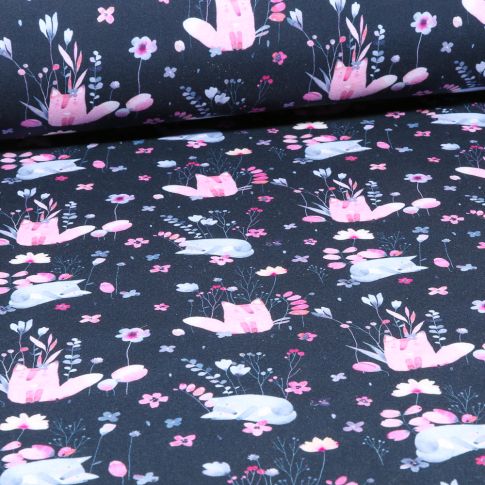 Tissu Softshell Aquarelle animaux sur fond Bleu marine