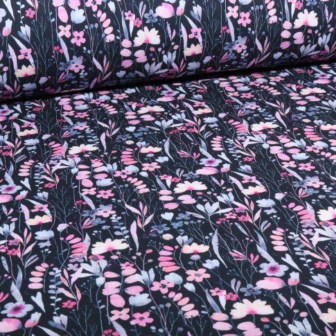 Tissu Softshell Flowers digital sur fond Bleu marine