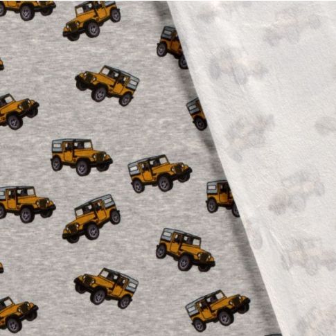 Tissu Sweat envers minky Tracteurs Eka sur fond Gris