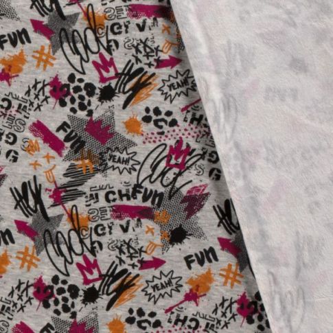 Tissu Sweat envers minky Graffiti Abyan sur fond Gris