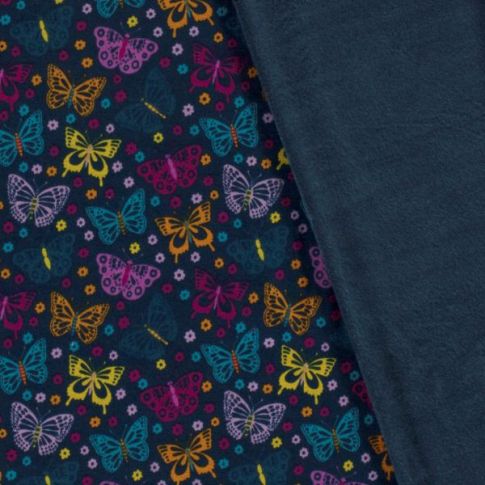 Tissu Sweat envers minky Papillon El sur fond Bleu marine