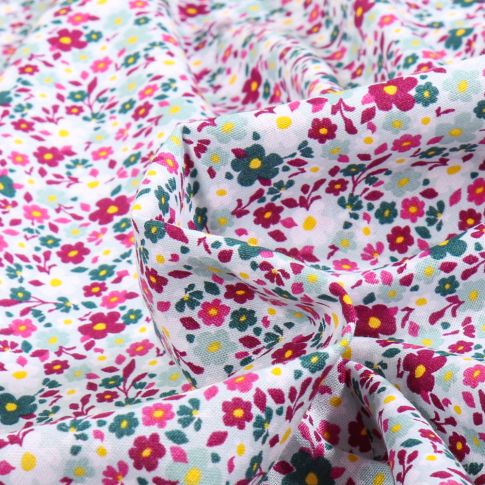 Tissu Coton imprimé Sweet Flower Charlyze bordeaux sur fond Blanc