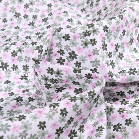 Tissu Coton imprimé Millefleurs kaki sur fond Blanc