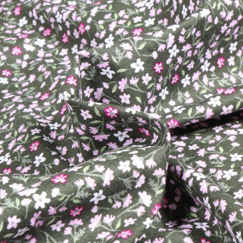 Tissu Coton imprimé Fleurs mimi sur fond Vert kaki