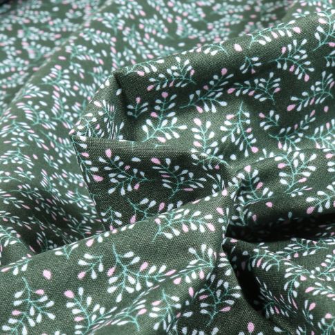 Tissu Coton imprimé Annily sur fond Vert kaki foncé