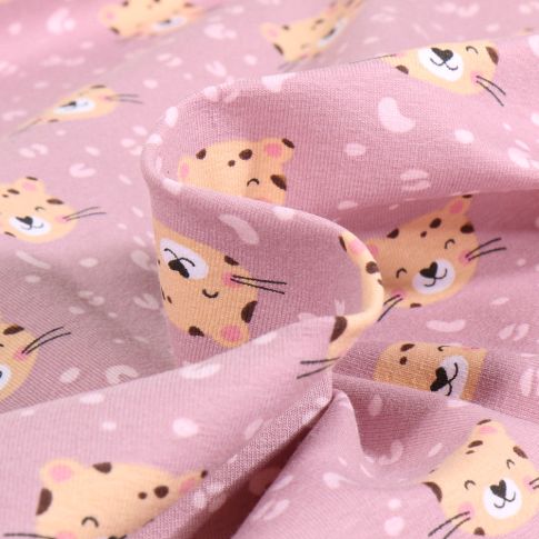Tissu Jersey Coton Panthère mimi sur fond Rose pâle