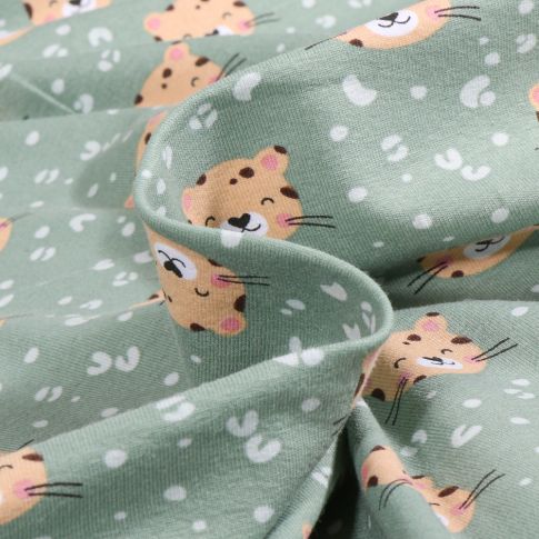 Tissu Jersey Coton Panthère mimi sur fond Vert d'eau